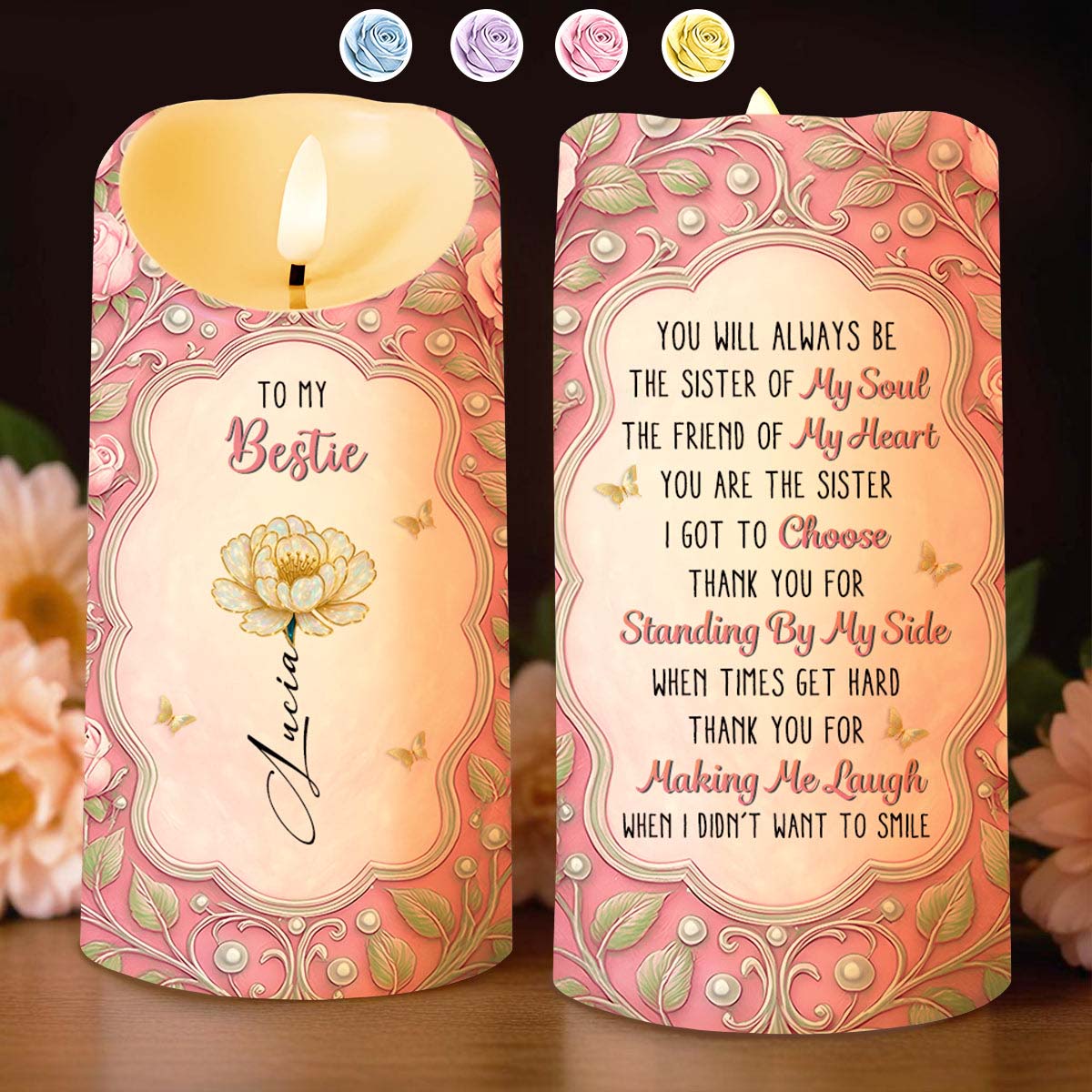 To My Bestie, Flower And Butterflies Design, Custom LED Candle, Gift For Best Friends