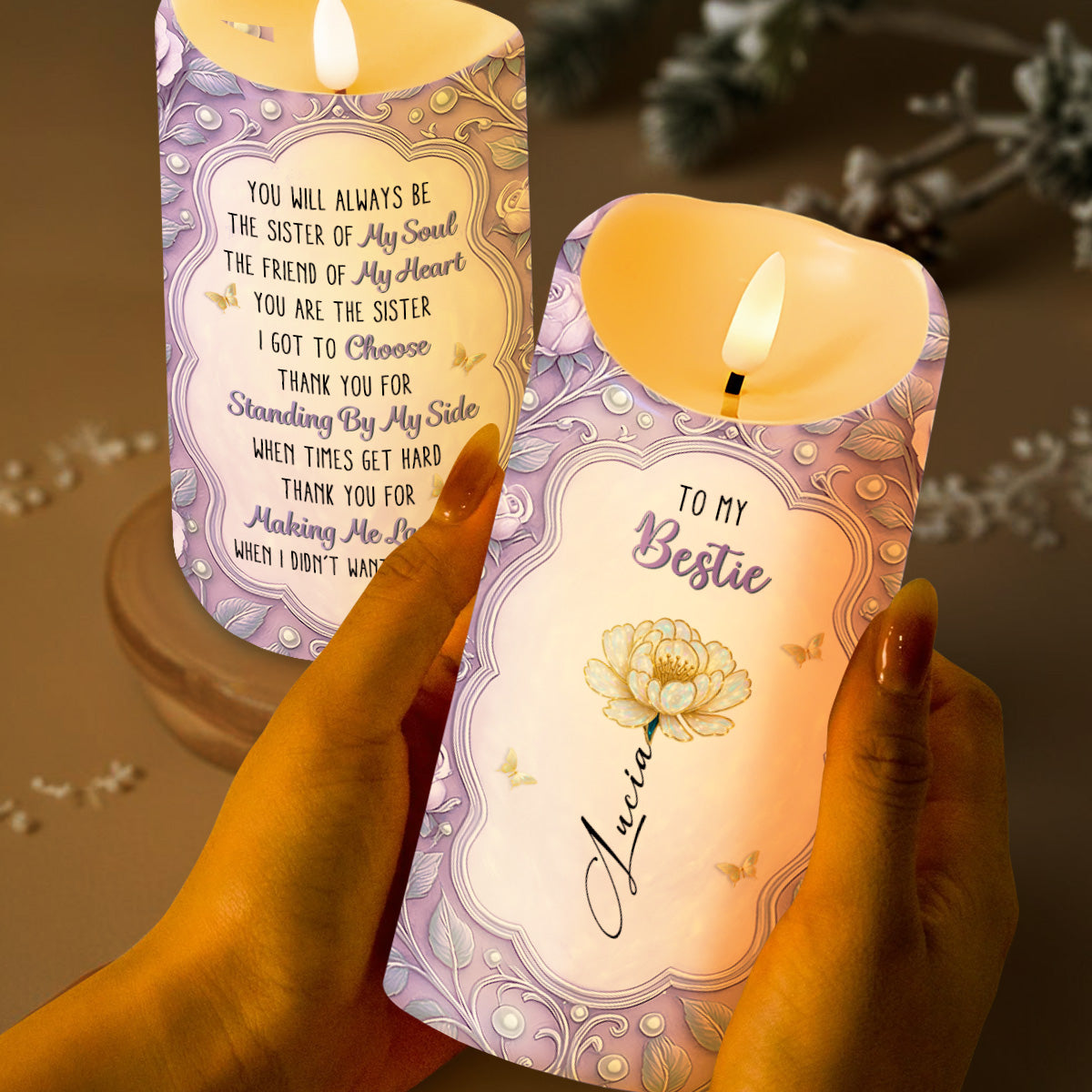 To My Bestie, Flower And Butterflies Design, Custom LED Candle, Gift For Best Friends