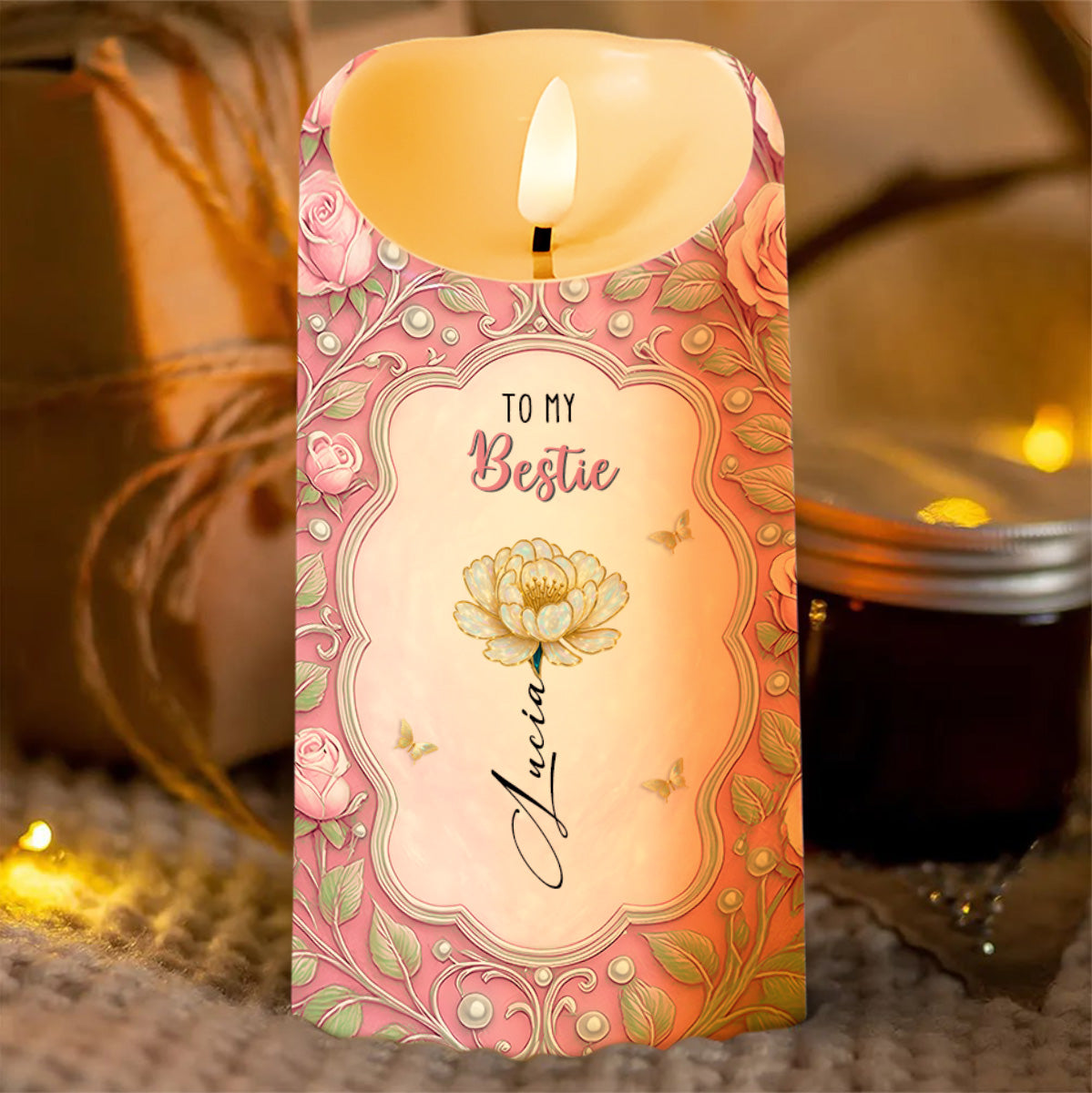 To My Bestie, Flower And Butterflies Design, Custom LED Candle, Gift For Best Friends