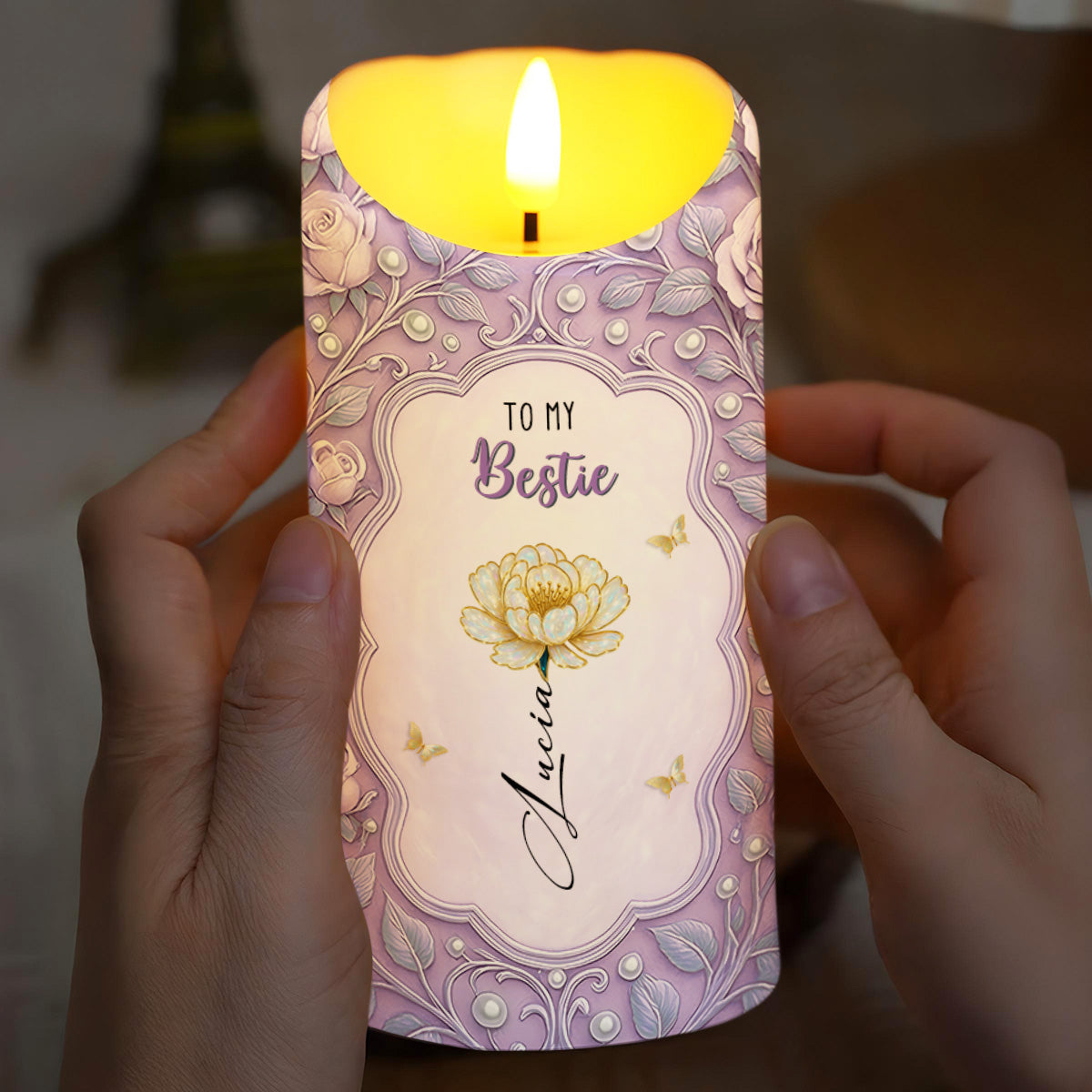To My Bestie, Flower And Butterflies Design, Custom LED Candle, Gift For Best Friends