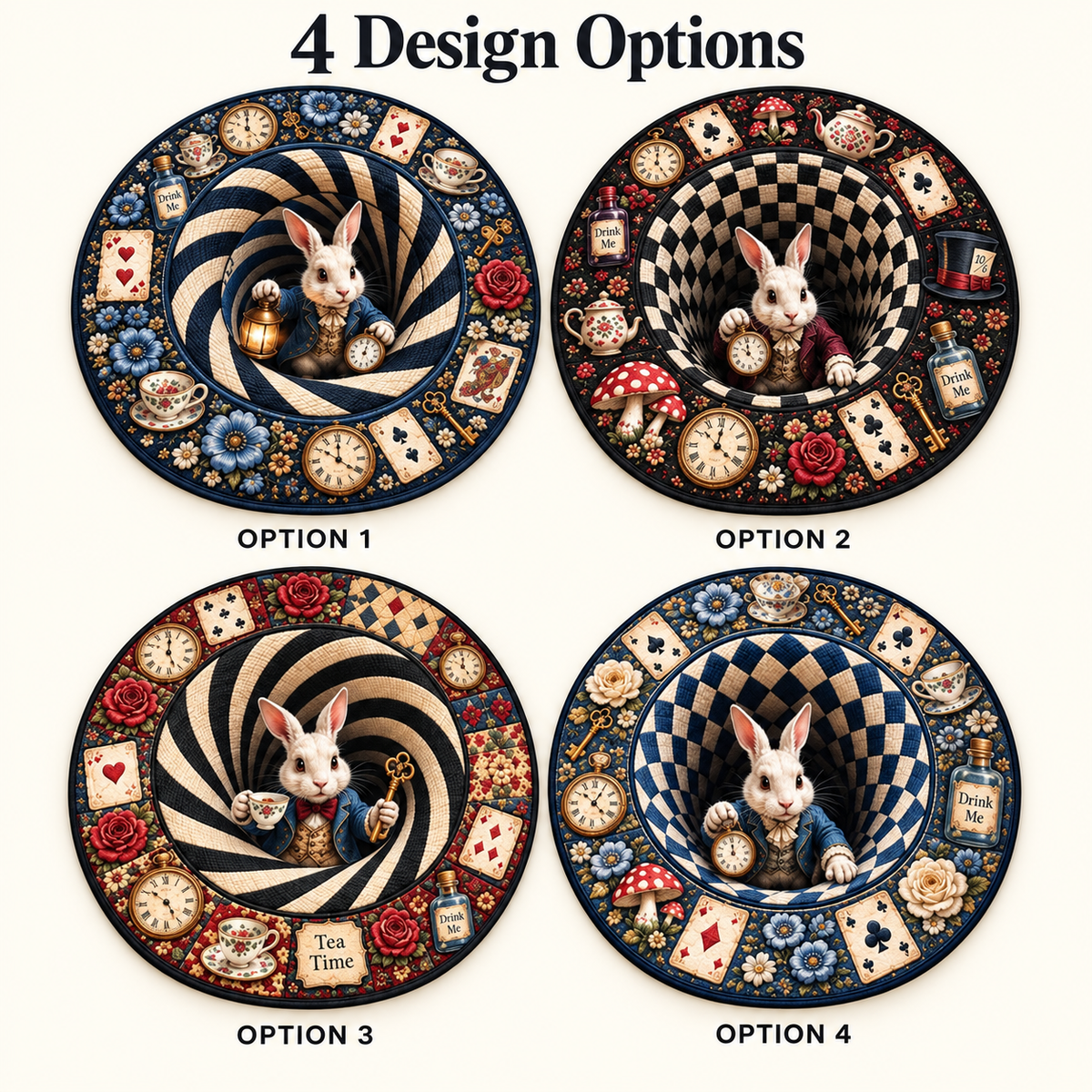 3D Rabbit Hole Optical Illusion Round Rug, Whimsical Bunny Tea Party Floor Mat, Checkered Vortex Carpet, Fantasy Wonderland Home Decor