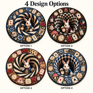 3D Rabbit Hole Optical Illusion Round Rug, Whimsical Bunny Tea Party Floor Mat, Checkered Vortex Carpet, Fantasy Wonderland Home Decor