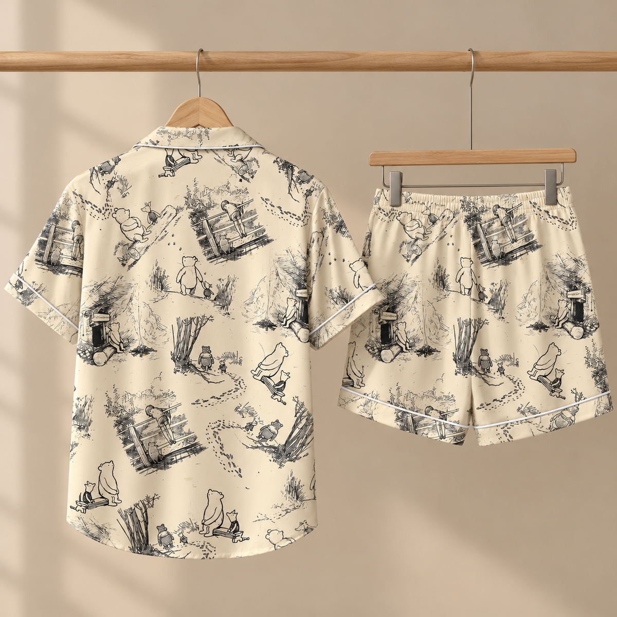 Vintage Pooh Satin Pajama Set for Women, Aesthetic Sketch Print Sleepwear, Cute Classic Pajamas, Cozy Gift for Her