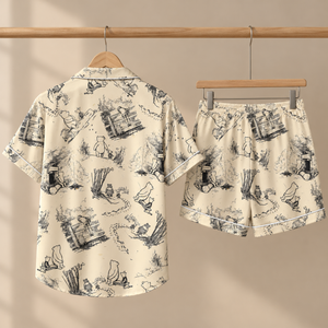 Vintage Pooh Satin Pajama Set for Women, Aesthetic Sketch Print Sleepwear, Cute Classic Pajamas, Cozy Gift for Her