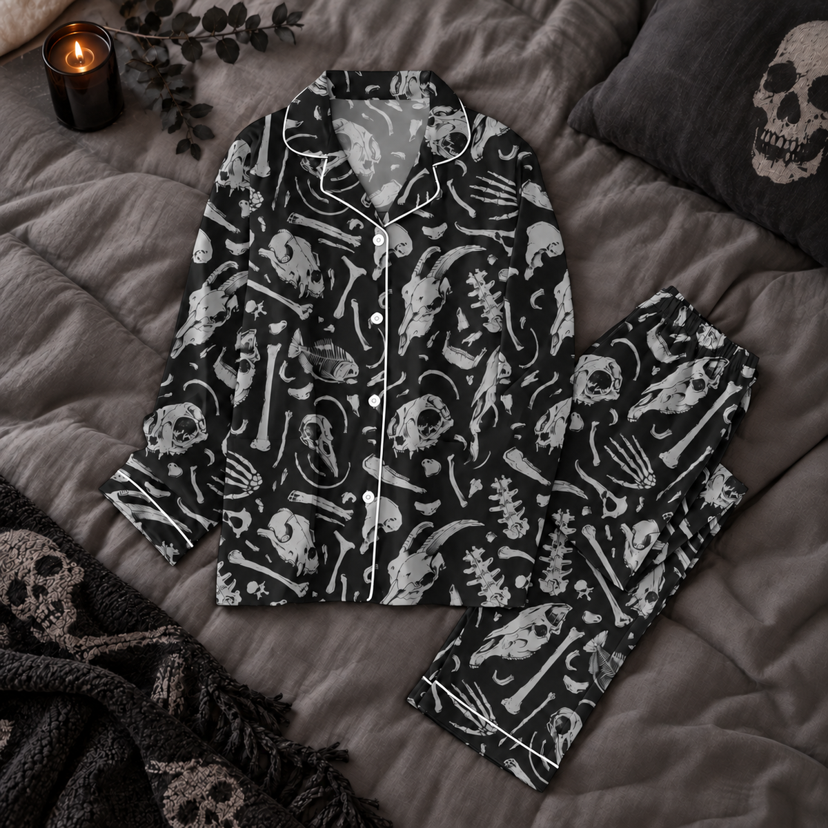 Gothic Bones Pajama Set, Skull & Skeleton Long Sleeve Pajamas, Spooky Family Matching PJs, Halloween Sleepwear, Gift For Gothic Lovers