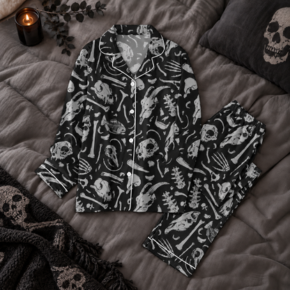 Gothic Bones Pajama Set, Skull & Skeleton Long Sleeve Pajamas, Spooky Family Matching PJs, Halloween Sleepwear, Gift For Gothic Lovers