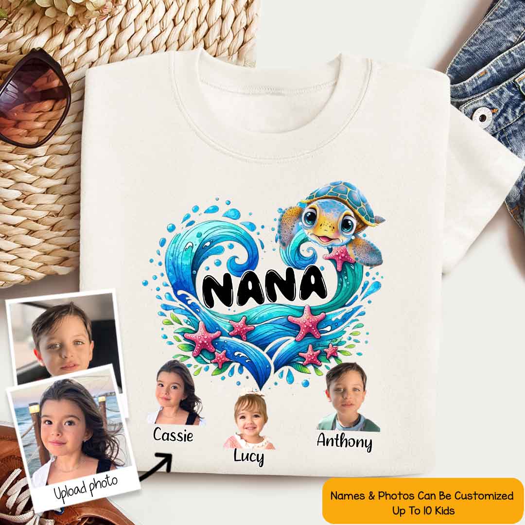 Sea Turtle Grandma With Cute Grandkids Custom Photo - Personalized Shirt - Gift For Grandma, Mother's Day, Birthday Gift