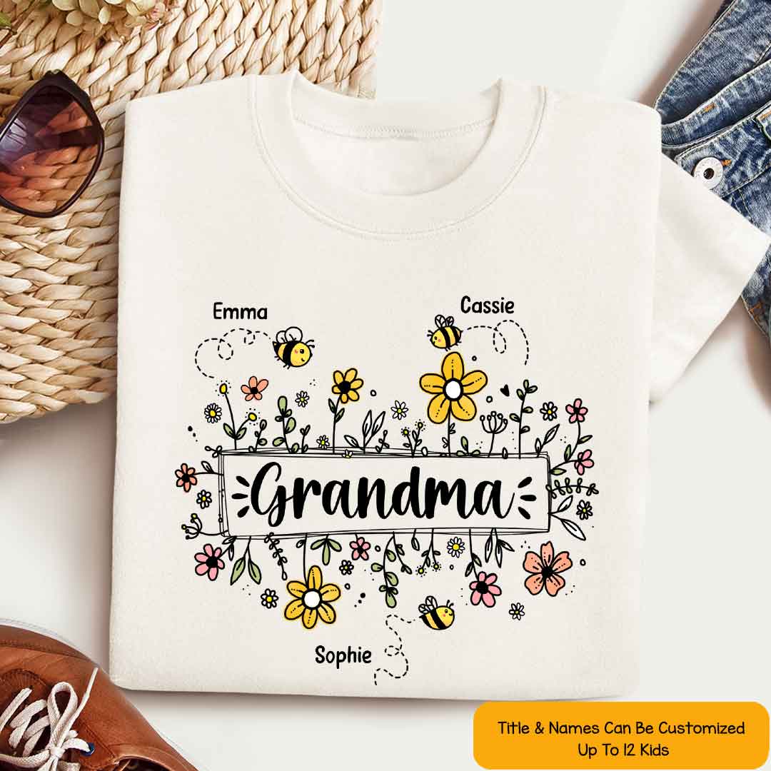 Grandma Flower Bee And Grandkids - Personalized Shirt - Gift For Grandma, Mother's Day Gift