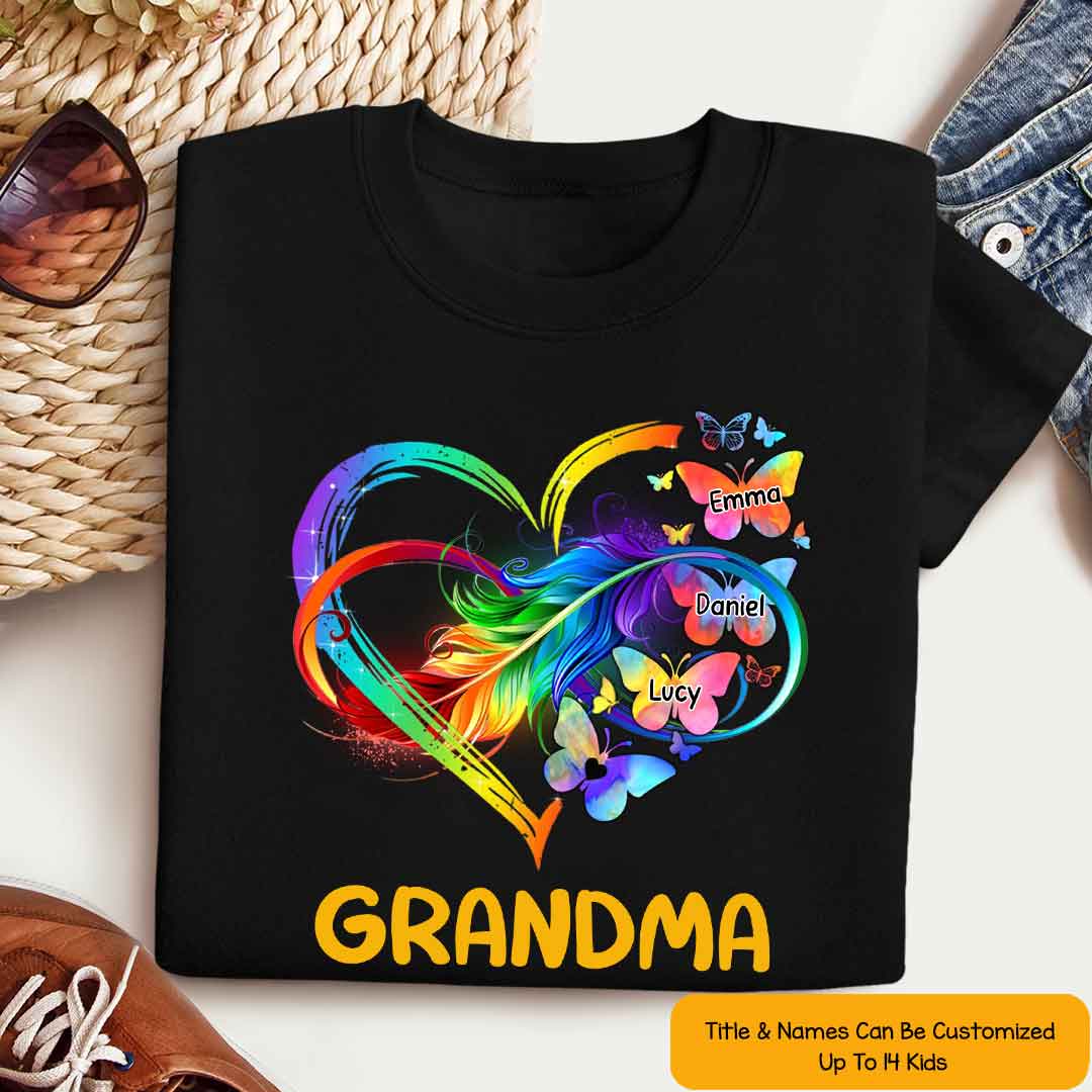 Grandma Grandkids Infinity Love Butterflies Rainbow - Personalized Shirt - Gift For Grandma, Mother's Day