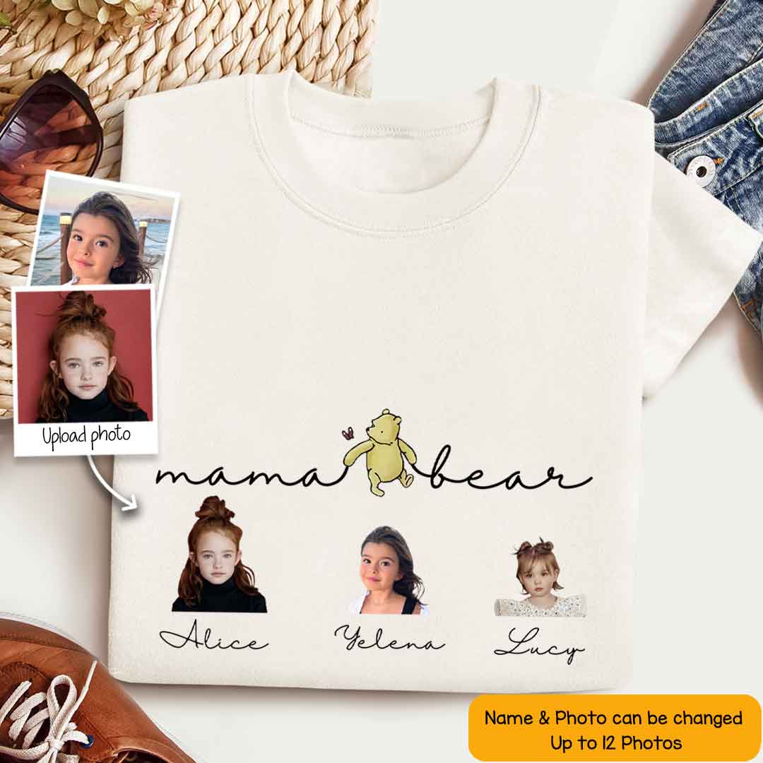 Motherhood Mama Bear Custom Photo With Kid Names - Personalized Shirt - Gift For Mother, Mother's Day Gift