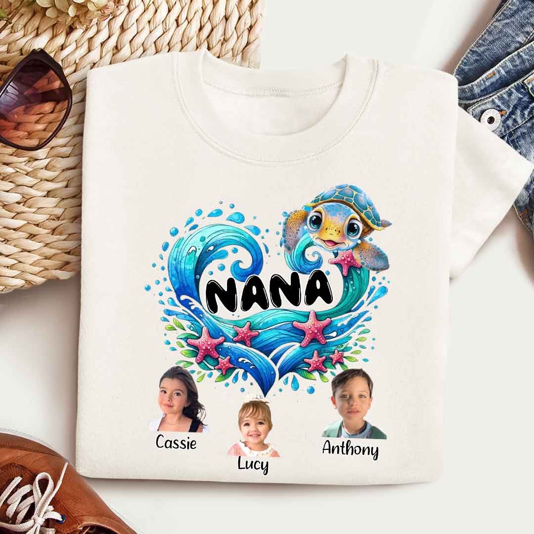 Sea Turtle Grandma With Cute Grandkids Custom Photo - Personalized Shirt - Gift For Grandma, Mother's Day, Birthday Gift