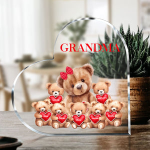 Mama Bear With Little Kids - Personalized Heart Shaped Acrylic Plaque - Gift For Grandma