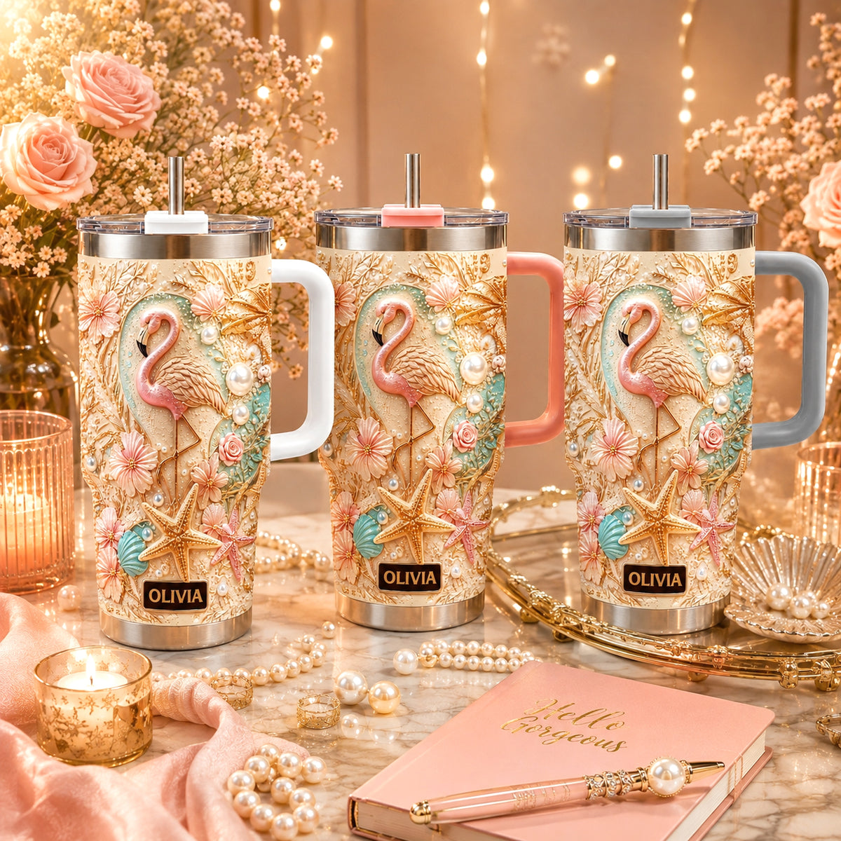 Coastal Love Flamingo Pink Beach Bliss - Personalized 40oz Stainless Steel Tumbler