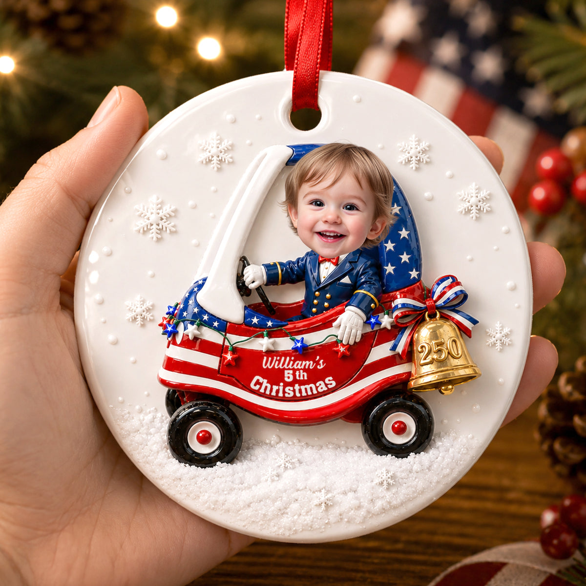 Custom Cute Face Baby First Christmas 250th Anniversary Ornament - Real 3D Raised Ornament