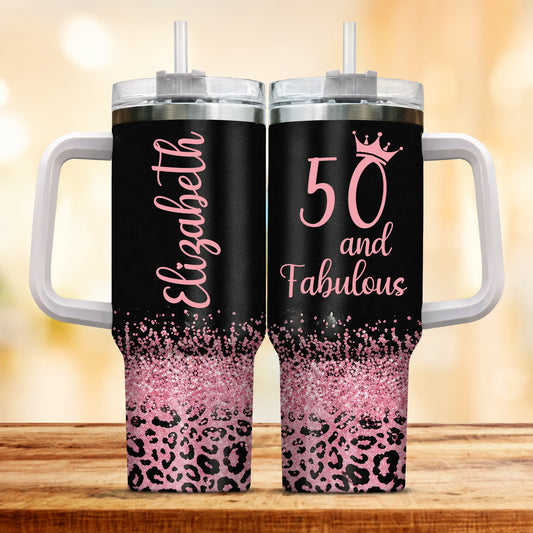 Fifty & Fabulous - 50th Birthday Gift for Women, Mom - 40oz Tumbler with Handle - Tumbler Cup Gifts