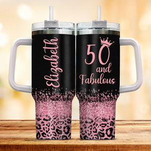 Fifty & Fabulous - 50th Birthday Gift for Women, Mom - 40oz Tumbler with Handle - Tumbler Cup Gifts