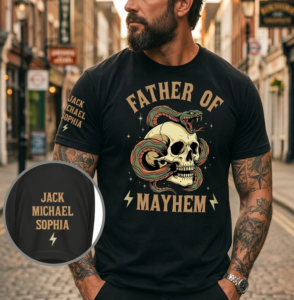 Father Of Mayhem - Personalized Custom Shirt With Design On Sleeve