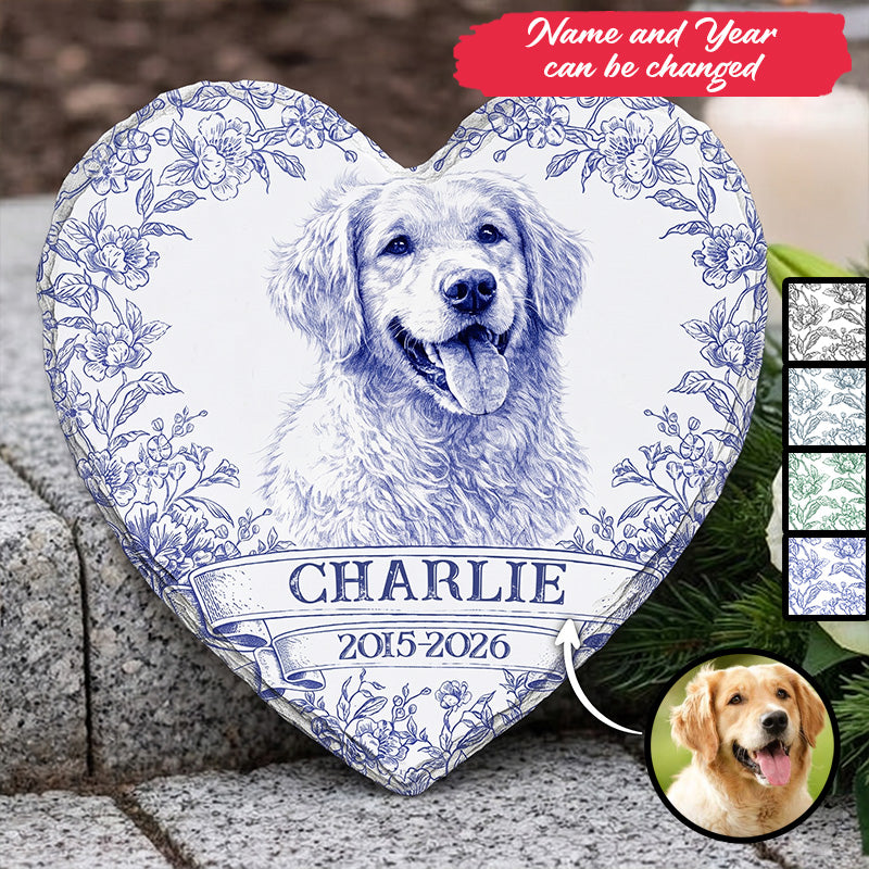 Custom Photo Pencil Sketch Forever Loved Dog Cat Portrait - Personalized Heart Memorial Garden Stone