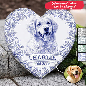 Custom Photo Pencil Sketch Forever Loved Dog Cat Portrait - Personalized Heart Memorial Garden Stone