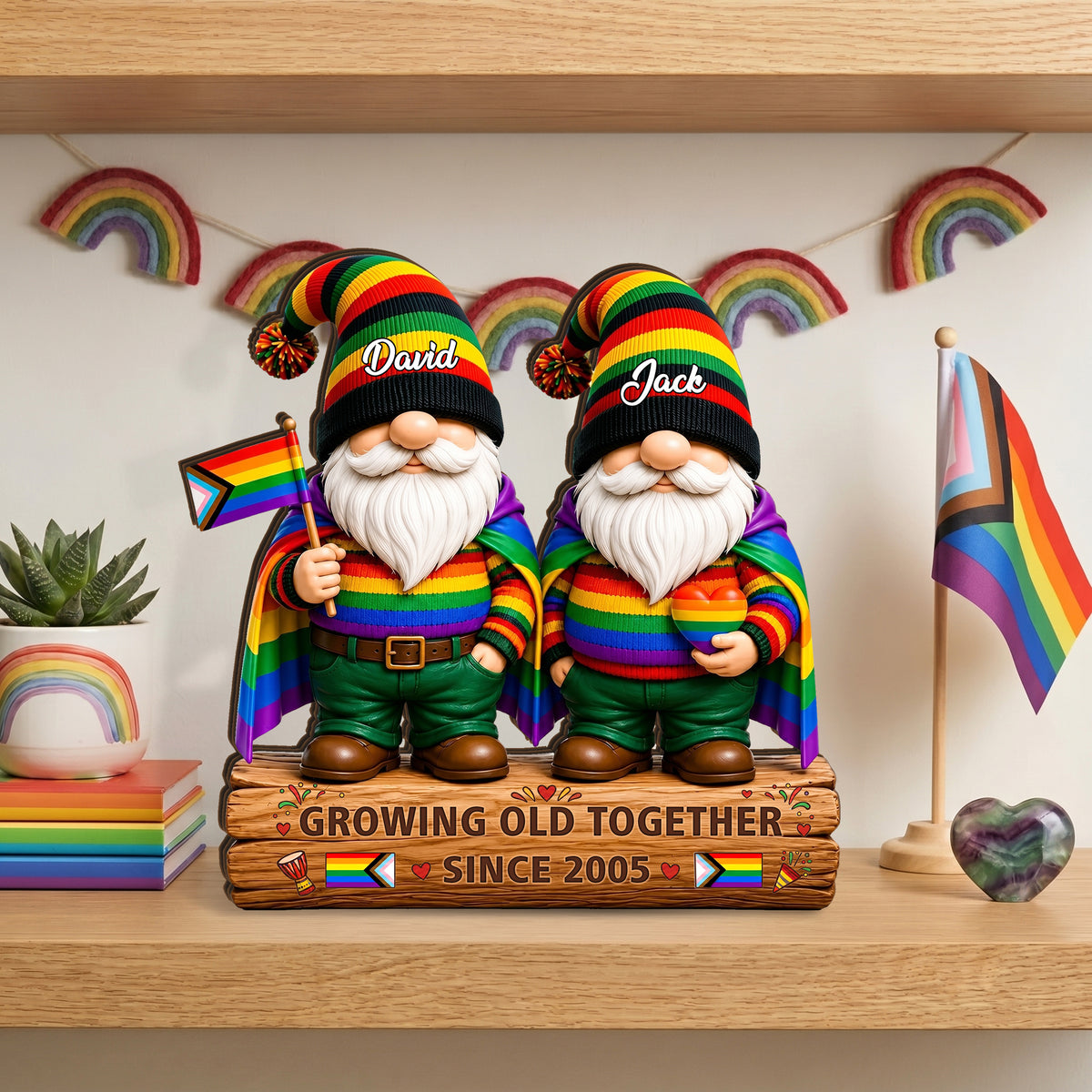 Growing Old Together Since Gnome Couple - Personalized Wooden Block For LGBT Couple