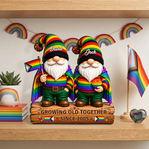 Growing Old Together Since Gnome Couple - Personalized Wooden Block For LGBT Couple