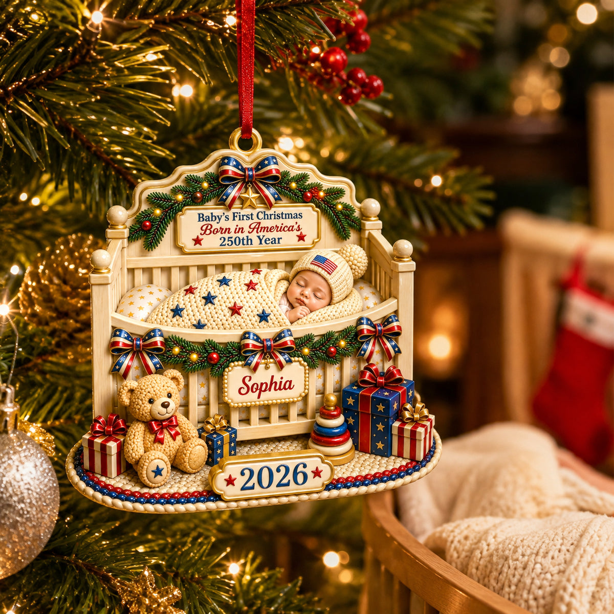 Custom First Christmas 3D Ornament - Personalized America 250th Anniversary Christmas Gifts For New Moms, New Dads, New Parents - Wrapped In Love And Freedom