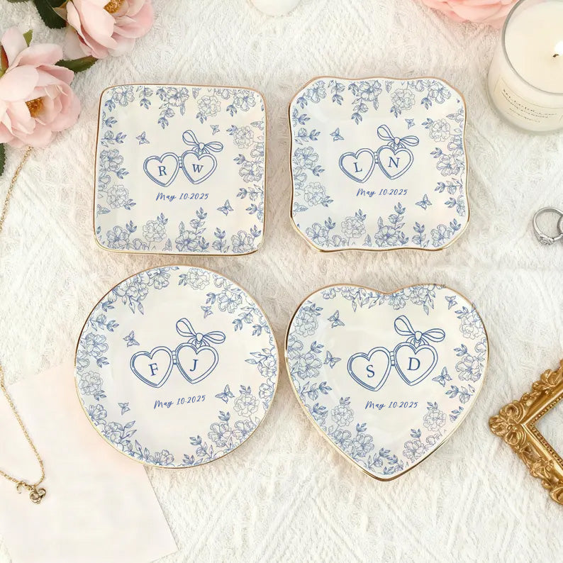 Personalized Ceramic Locked Ring Dish, Toile De Jouy, Wedding Gift
