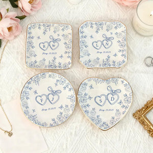 Personalized Ceramic Locked Ring Dish, Toile De Jouy, Wedding Gift