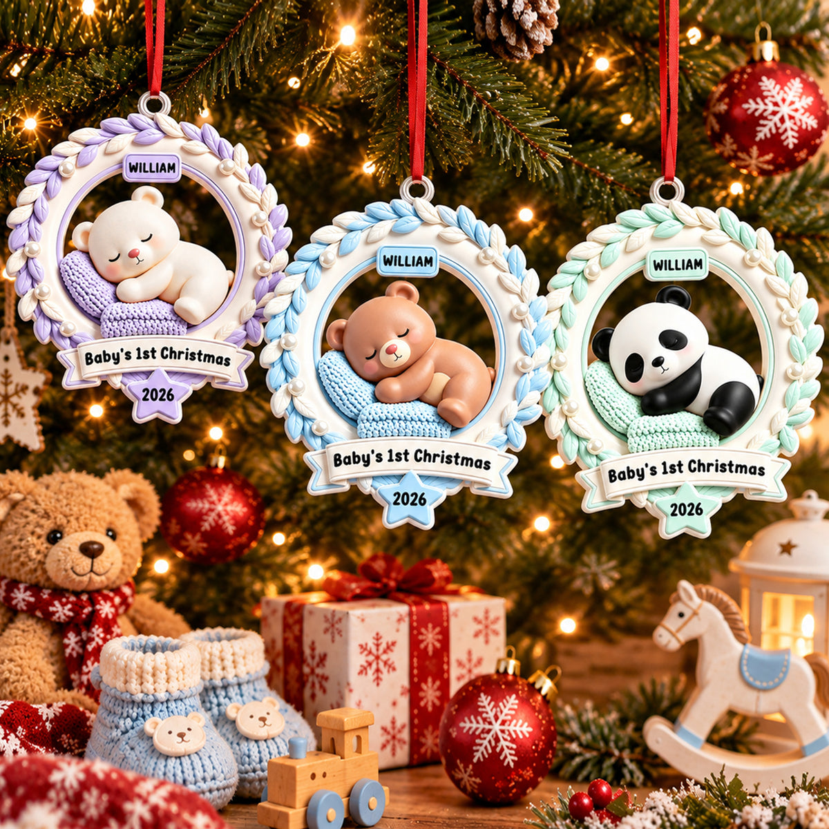 Baby’s First Christmas Teddy Wreath Ornament - Real 3D Raised Ornament