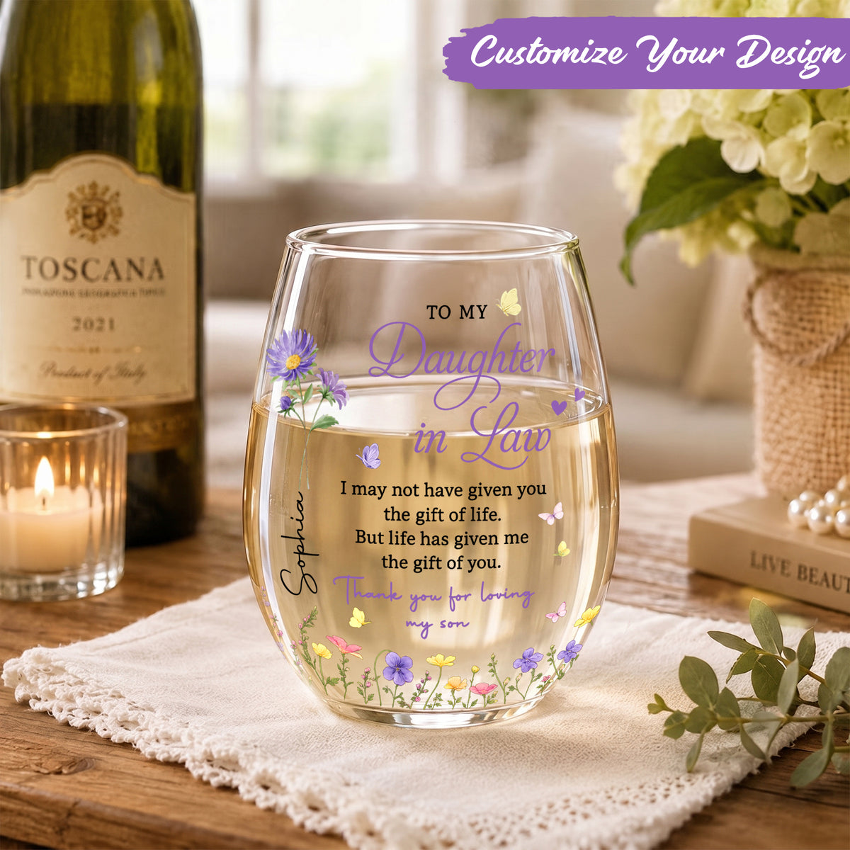 To My Daughter-in-Law Gift, Stemless Wine Glass, Personalized Flower Gift