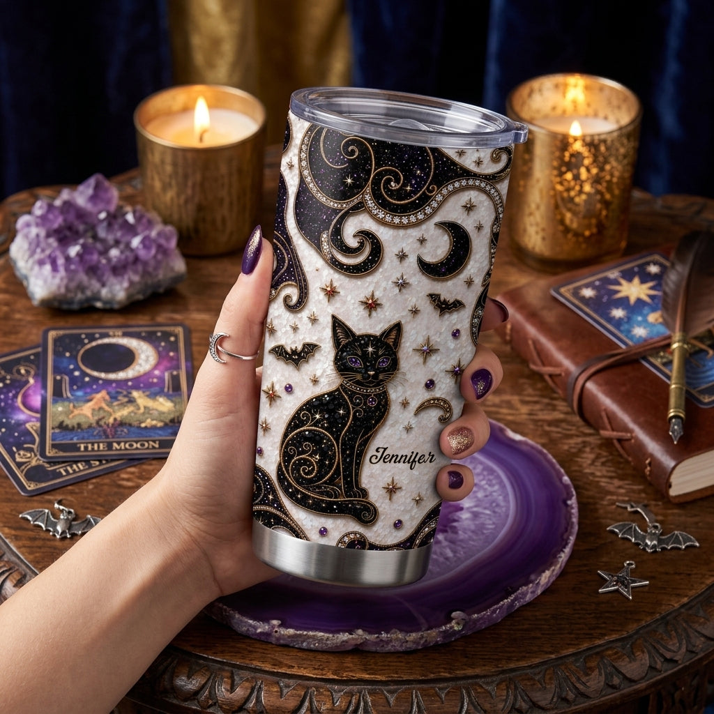 Mystical Black Cat Personalized Tumbler - Custom Faux Pearl Mosaic Gothic Travel Mug