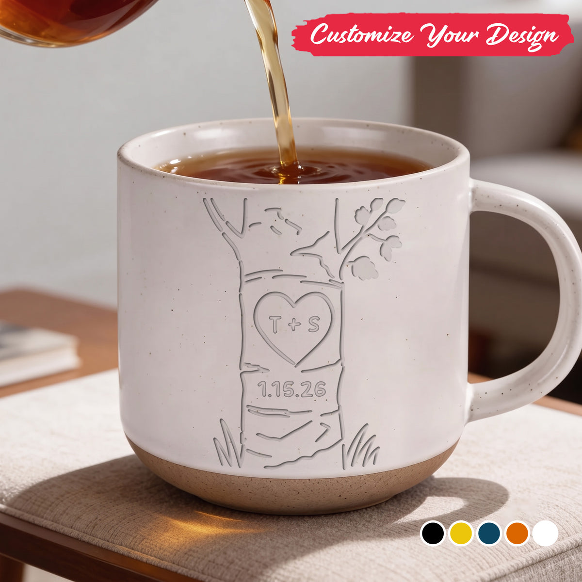 Personalized Engraved Couple Pottery Mug - Wedding Gift, Custom Heart Tree Couple Mug