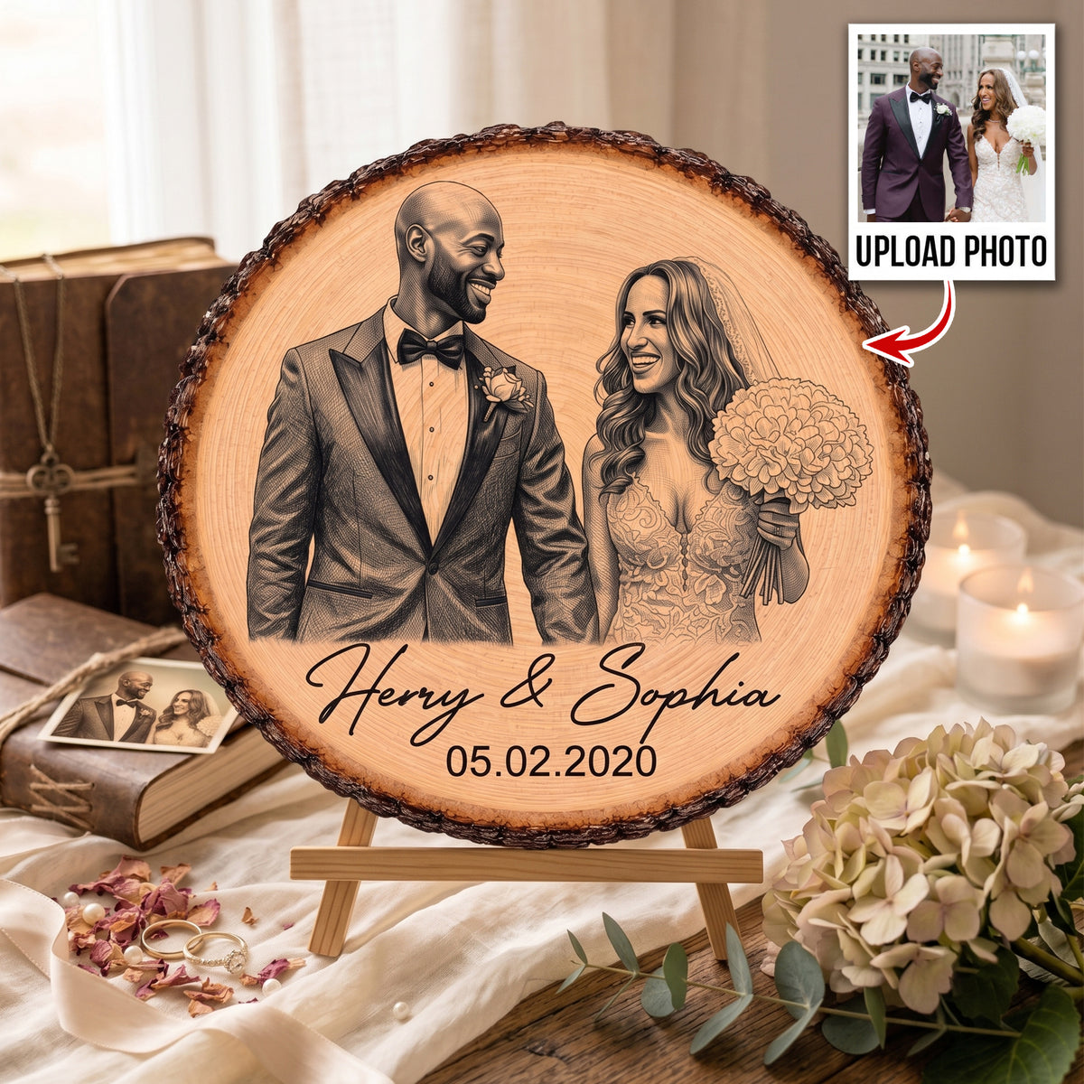 Sketch Style Couple Forever Love Custom Photo - Personalized Wooden Plaque - Anniversary Gift, Wedding Gift For Couple