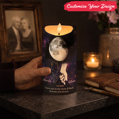 Lost Loved One Holding Hands Moon Phase - Personalized LED Candle - Memorial Gift, Remembrance Keepsake