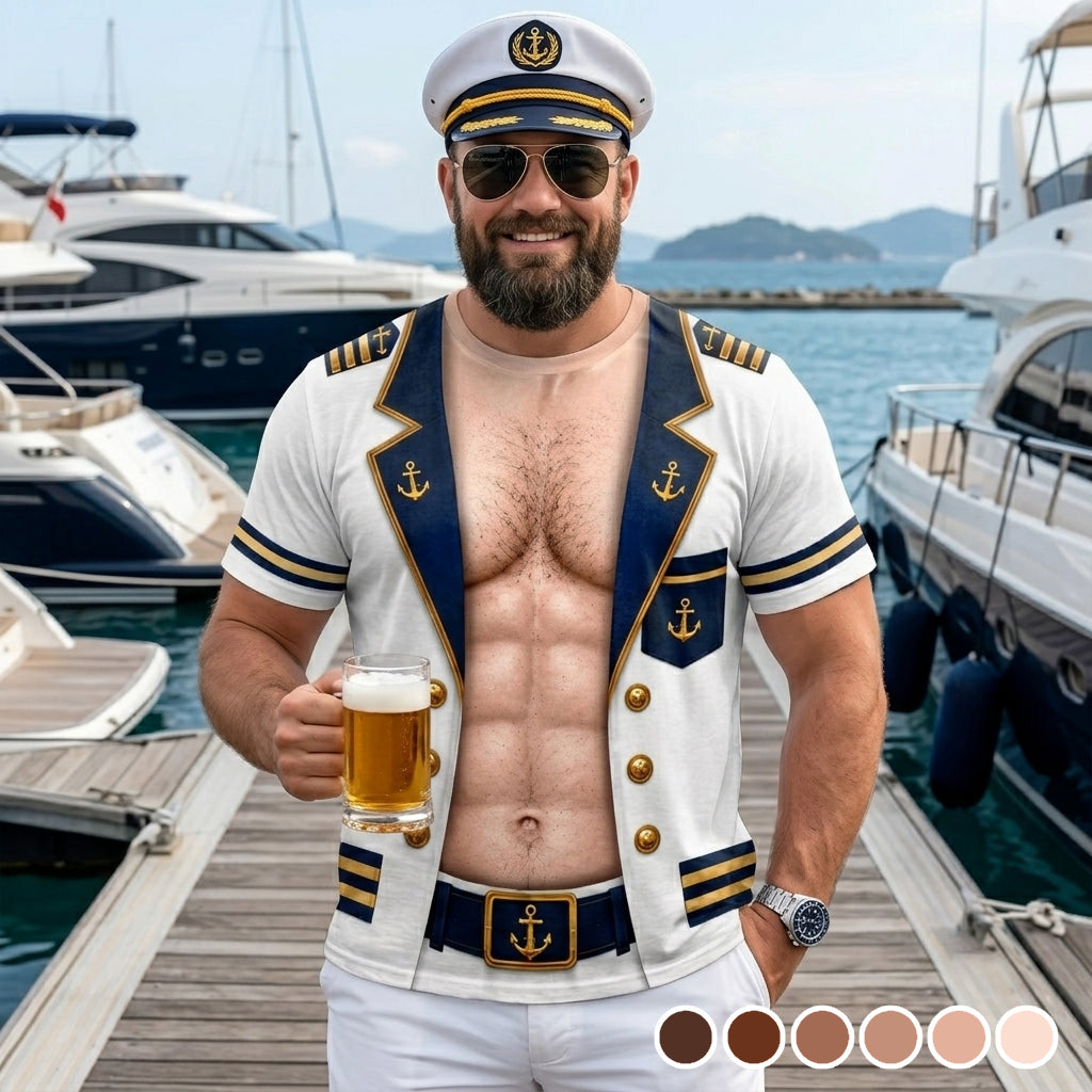 Men’s Funny Cruise Captain Body Graphic T-Shirt, Nautical Sailor Costume Tee