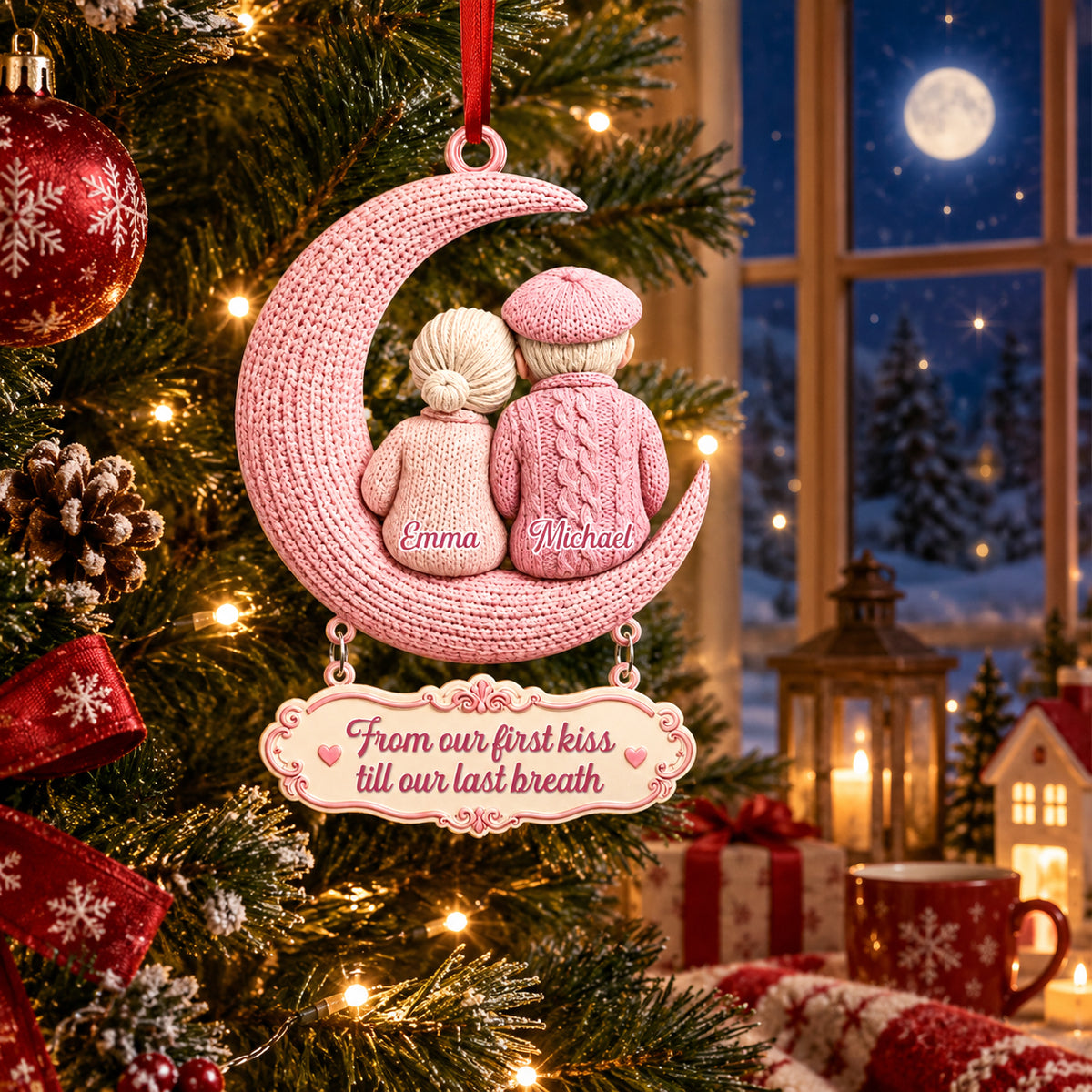Growing Old Together Couple On Moon Wooden Ornament - Personalized Ornaments