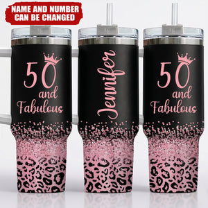 Fifty & Fabulous - 50th Birthday Gift for Women, Mom - 40oz Tumbler with Handle - Tumbler Cup Gifts