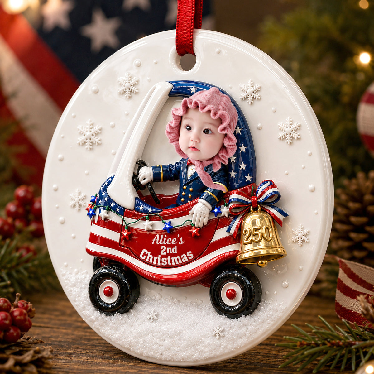 Custom Cute Face Baby First Christmas 250th Anniversary Ornament - Real 3D Raised Ornament