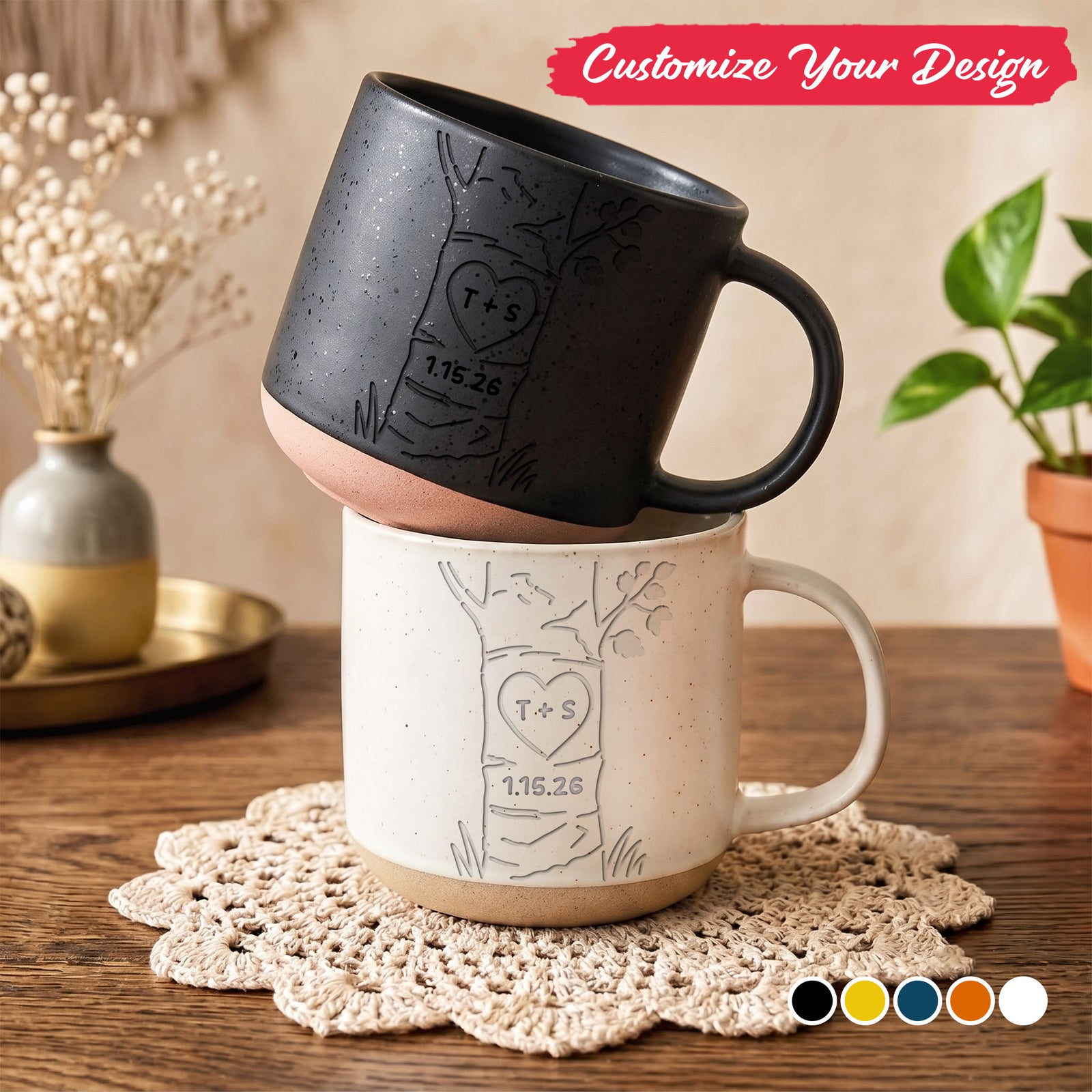 Personalized Engraved Couple Pottery Mug - Wedding Gift, Custom Heart Tree Couple Mug