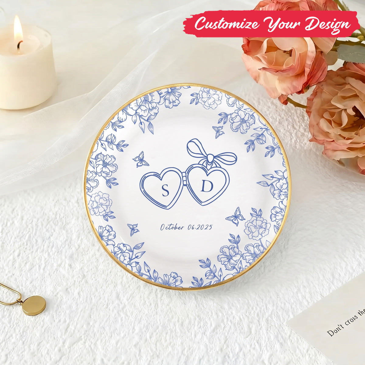 Personalized Ceramic Locked Ring Dish, Toile De Jouy, Wedding Gift