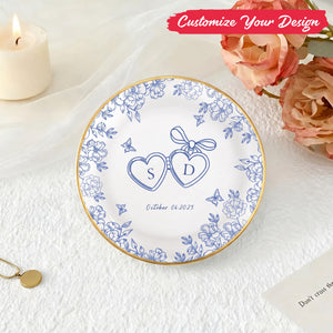 Personalized Ceramic Locked Ring Dish, Toile De Jouy, Wedding Gift