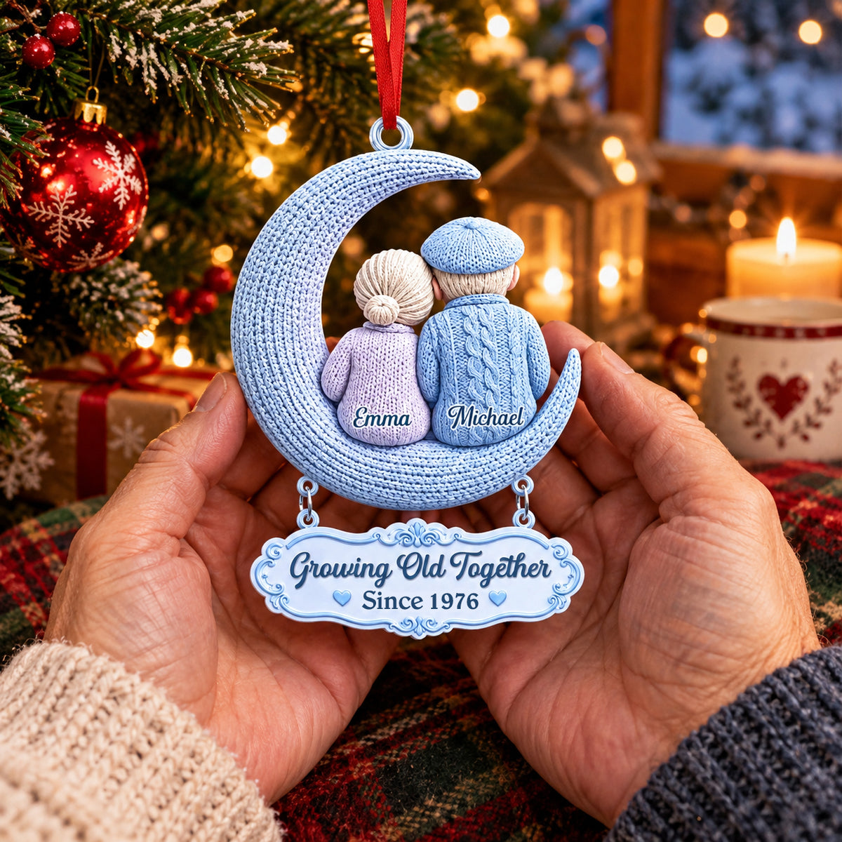 Growing Old Together Couple On Moon Wooden Ornament - Personalized Ornaments