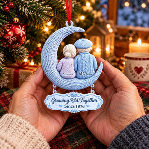 Growing Old Together Couple On Moon Wooden Ornament - Personalized Ornaments