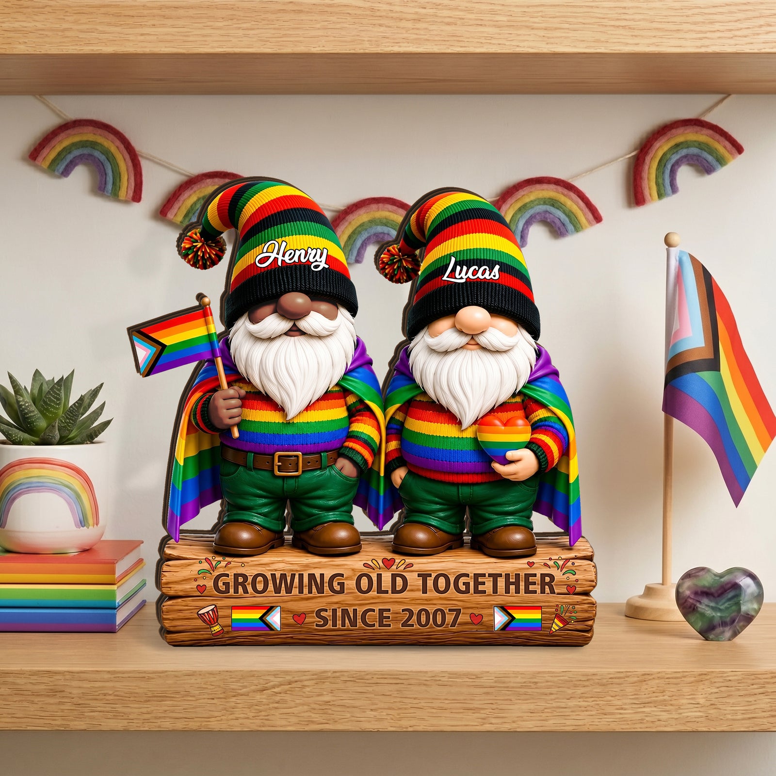 Growing Old Together Since Gnome Couple - Personalized Wooden Block For LGBT Couple