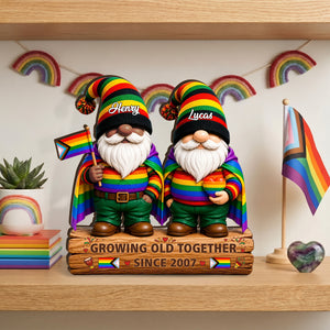 Growing Old Together Since Gnome Couple - Personalized Wooden Block For LGBT Couple