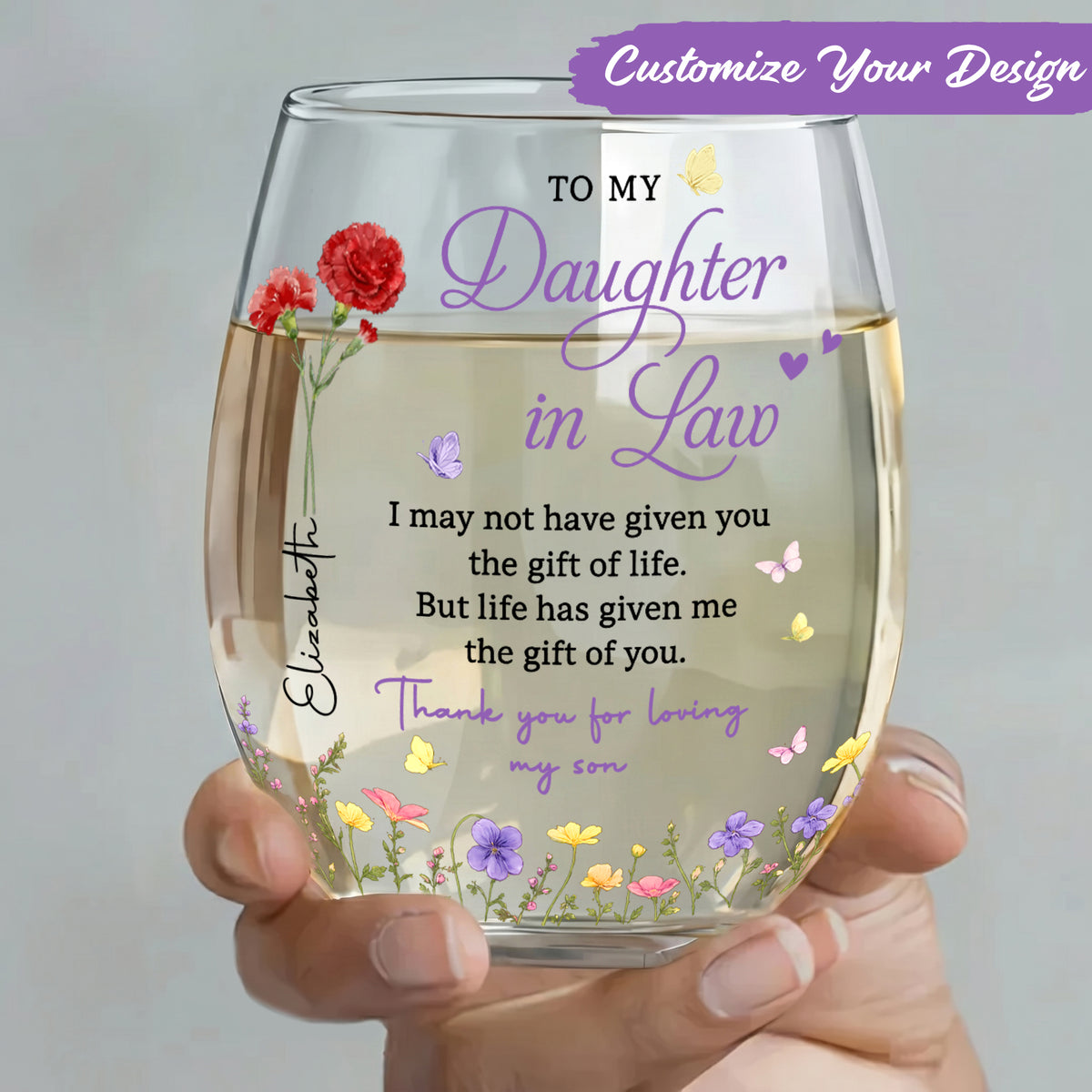 To My Daughter-in-Law Gift, Stemless Wine Glass, Personalized Flower Gift