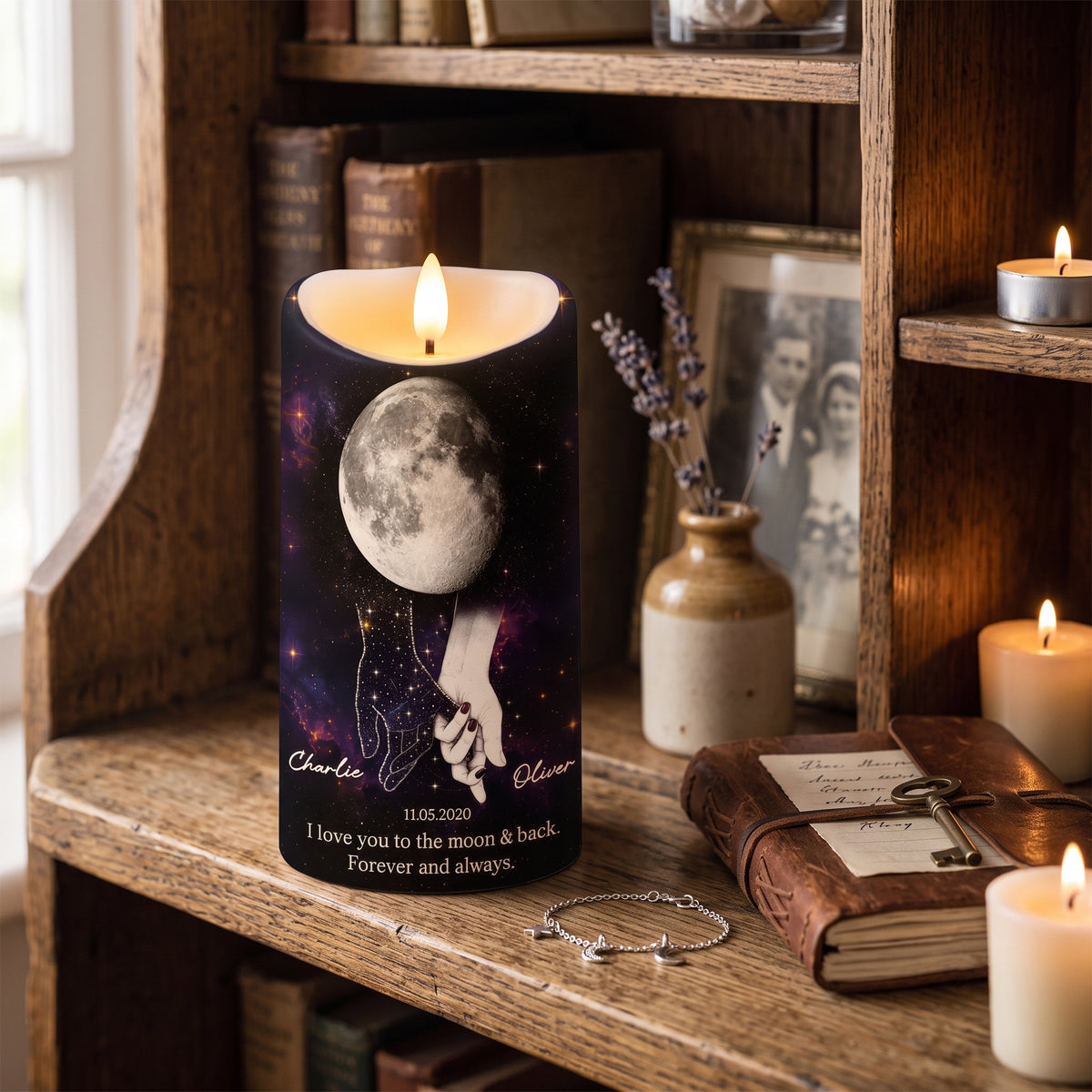 Lost Loved One Holding Hands Moon Phase - Personalized LED Candle - Memorial Gift, Remembrance Keepsake