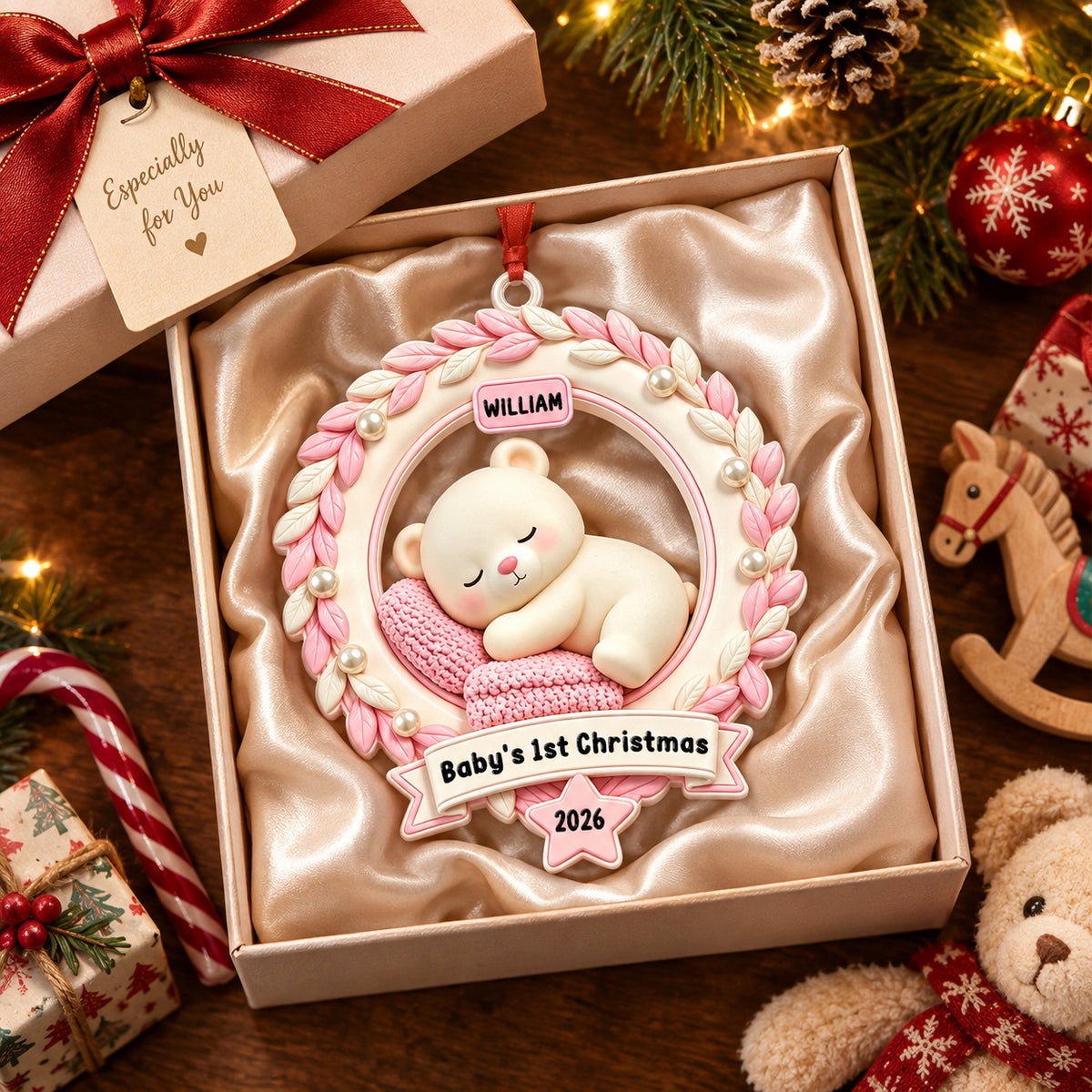 Baby’s First Christmas Teddy Wreath Ornament - Real 3D Raised Ornament