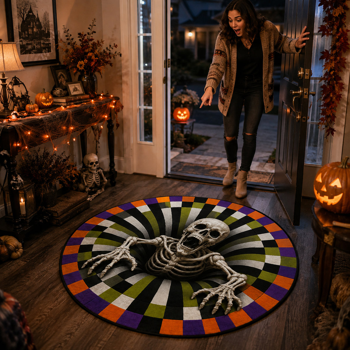 Custom 3D Skeleton Vortex Rug - Personalized Spooky Halloween Decor - Spooky Season