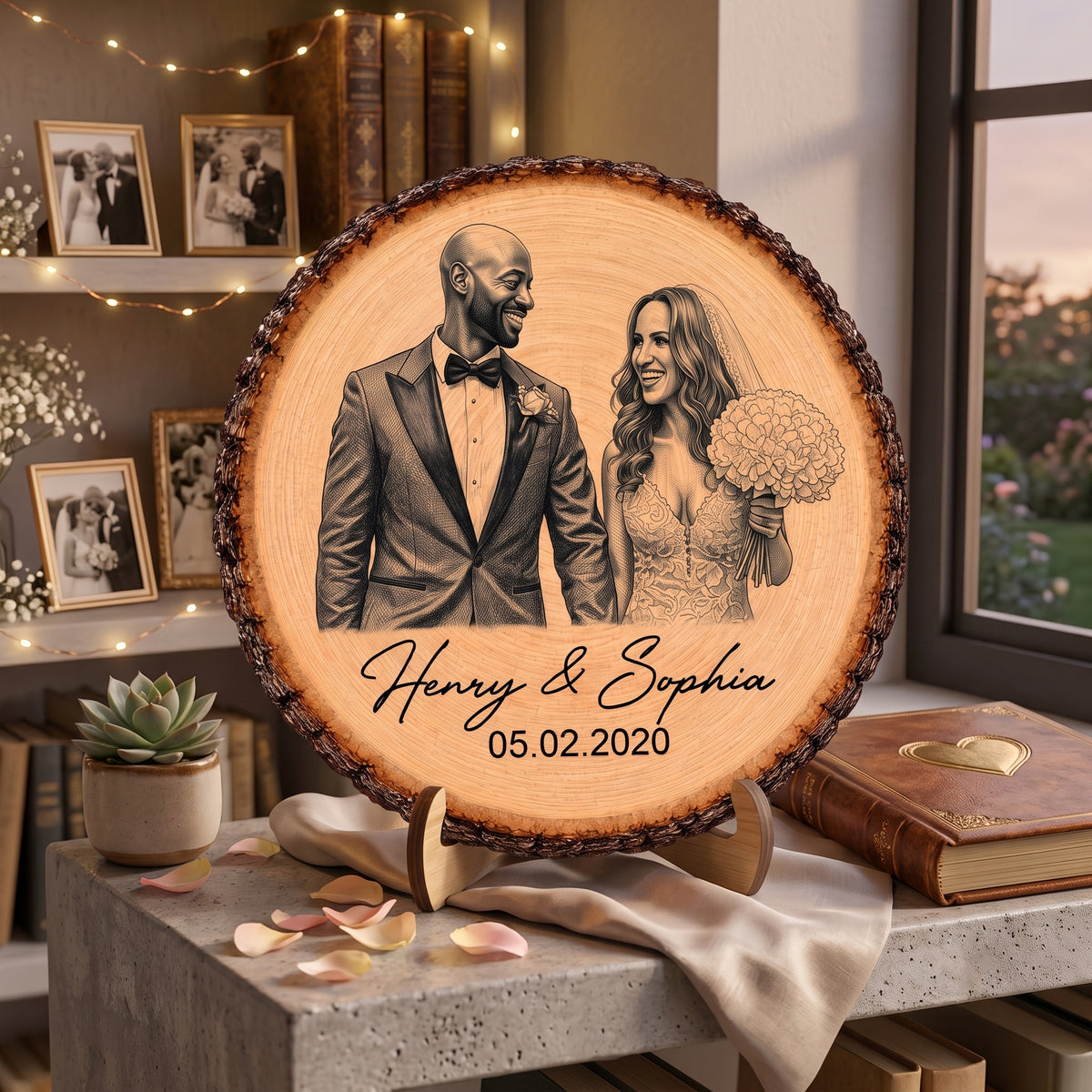 Sketch Style Couple Forever Love Custom Photo - Personalized Wooden Plaque - Anniversary Gift, Wedding Gift For Couple